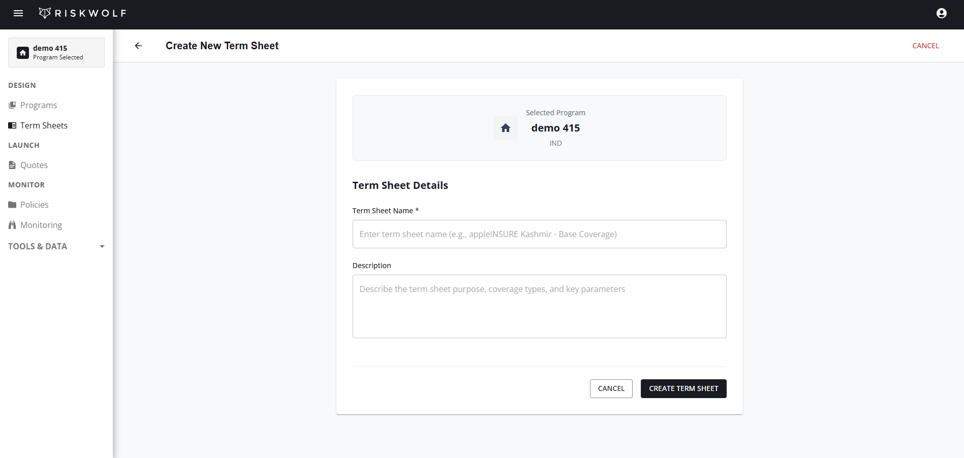 Create New Termsheet Form