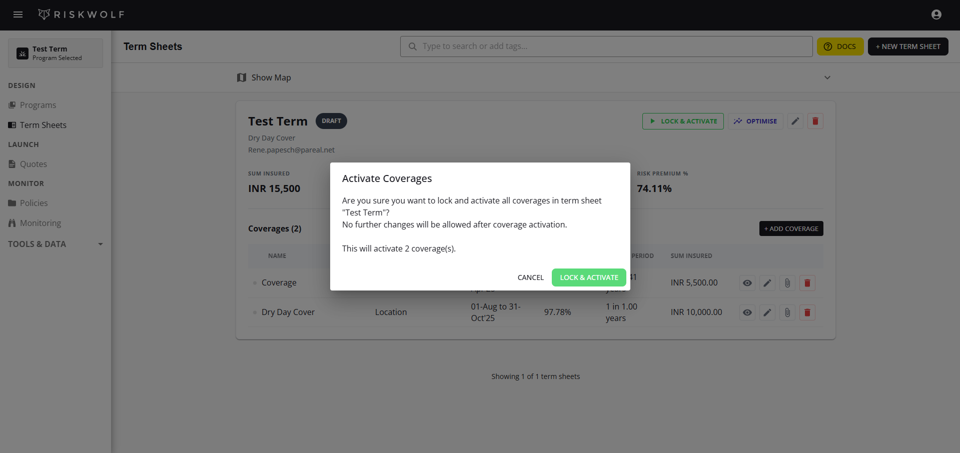 Lock and Activate Coverage Modal